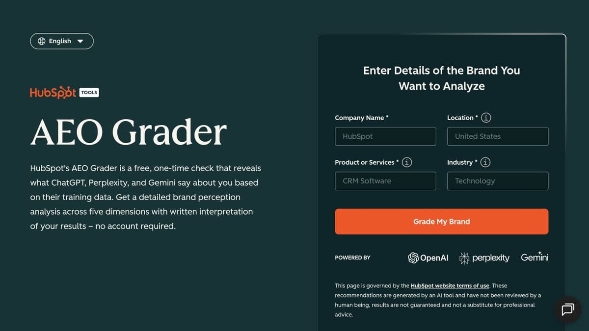 HubSpot AEO Grader product screenshot